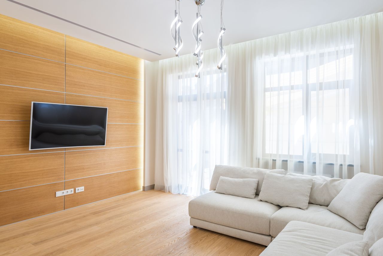 TV with black screen hanging on wooden wall opposite comfortable sofa in living room in daylight